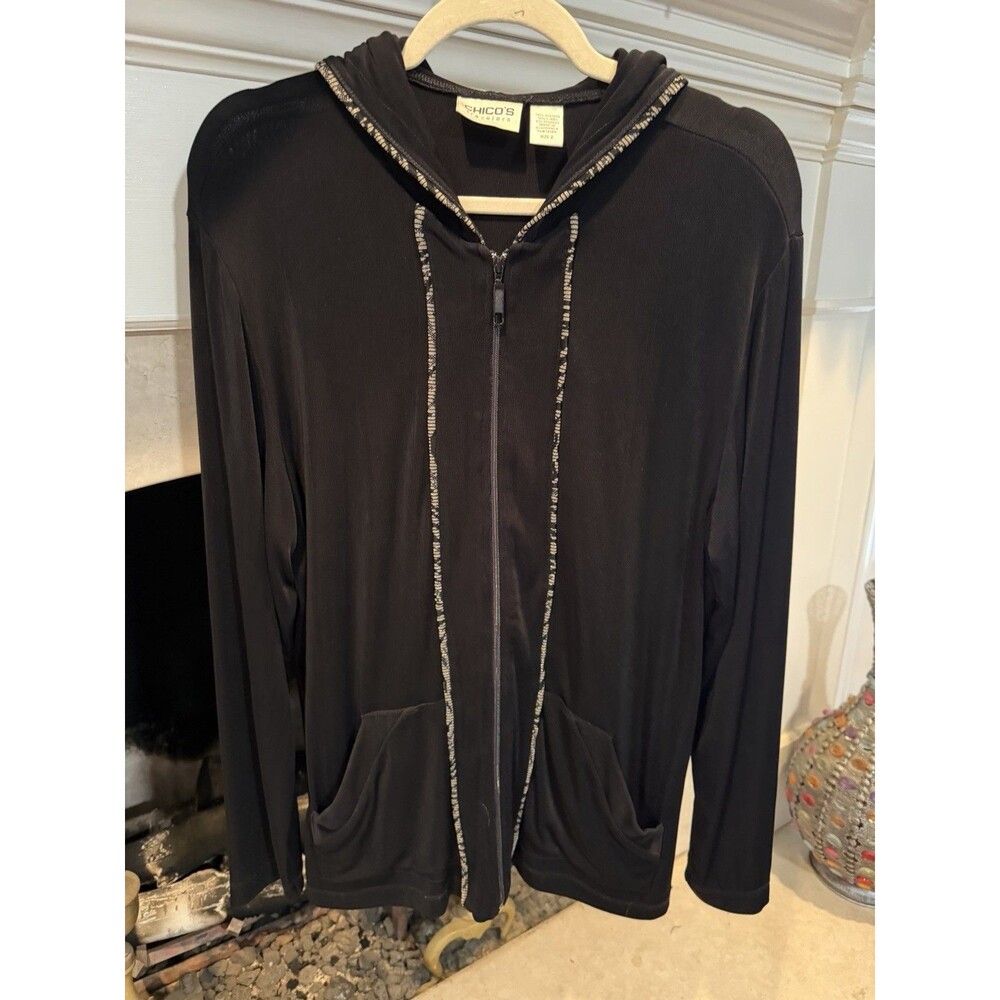 Chico’s Travelers Zip Front Black Jacket With Hood Size Large